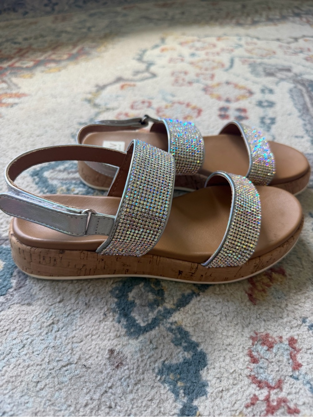 Dolce Vita Silver Iridescent Rhinestone Cork Wedge Sandals